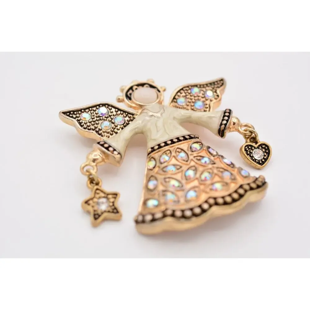 KC Vintage Christmas Angel Pin Brooch Star Heart AB Rhinestone Signed 90s Bin5A